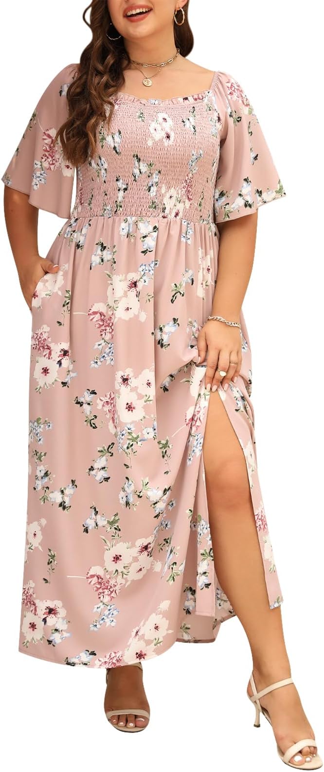 CelkuserPlus Size Womens 2023 Summer Casual Floral Dress Square Neck Shirred Ruffle Split Maxi Dresses with Pocket CEL160