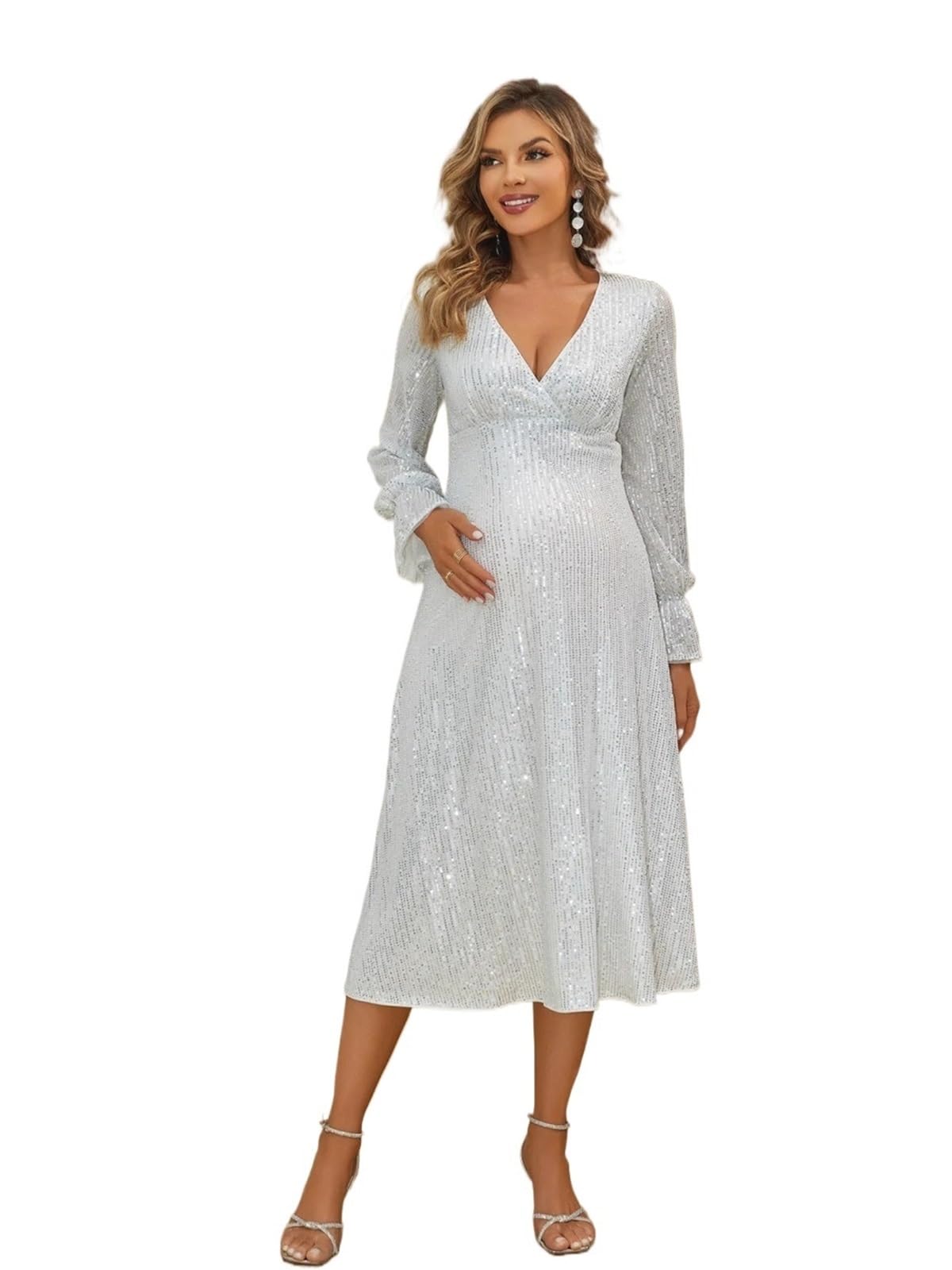 Robe Grossesse Robe de maternité for Femme Enceinte, Manches Longues, Paillettes, col en V, Robe trapèze élégante