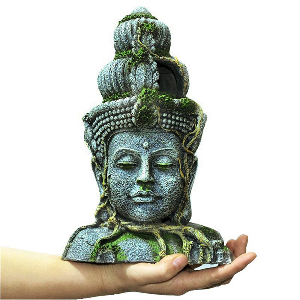 QTMY Décoration d'aquarium, grande statue tête de Bouddha Betta Serpent Cachette Grottes