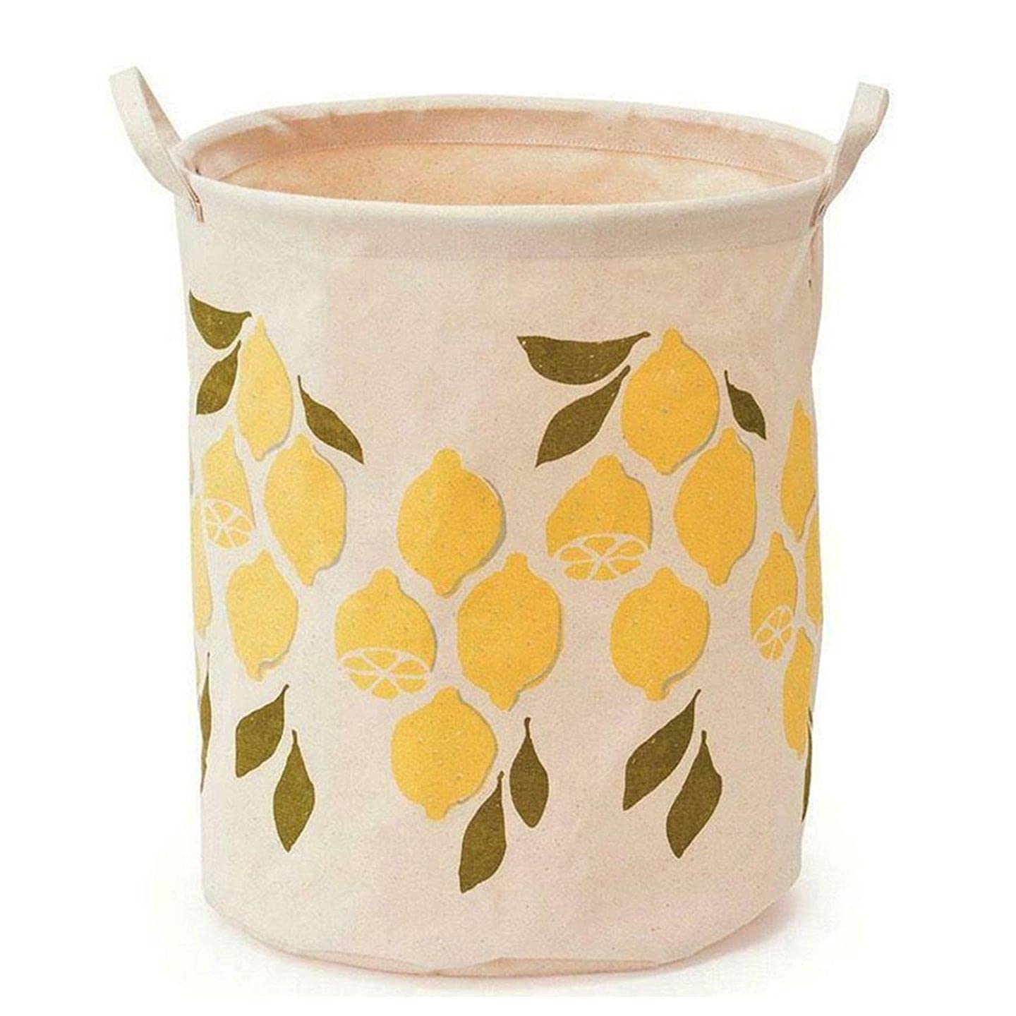 Keystone Lemon Print Cloth Storage Bin Plastic Lined Laundry Basket Bag Handles