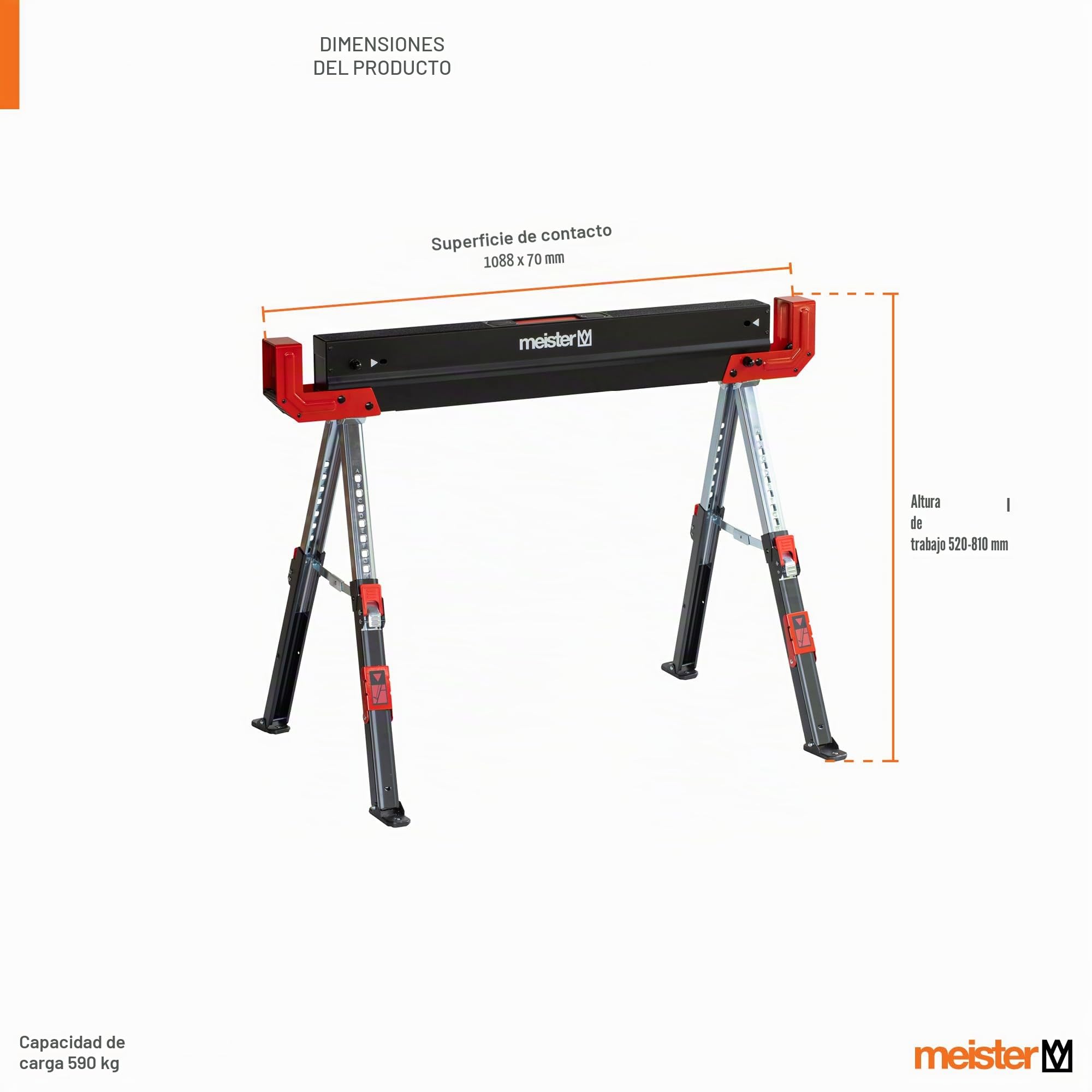 Meister 5258220 - Caballete plegable (300 kg, con asa, con superficie antideslizante, altura regulable de 52 a 81 cm, caballete con soporte antideslizante)