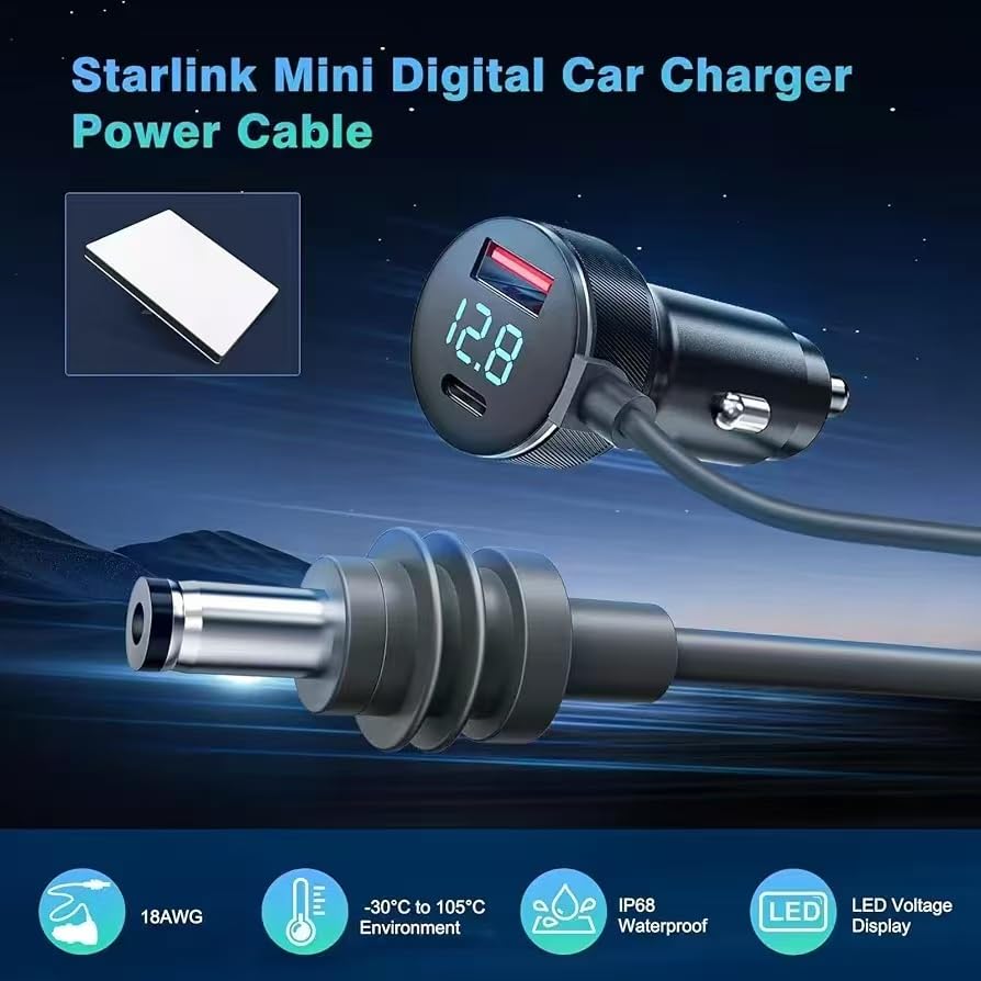FITALLUS Starlink Mini Digital Car Charger Cable, 10ft Power Cord, USB-C 140W + USB-A 35W, LED Voltage Display, IP68 Waterproof,starlink mini 12v Adapter