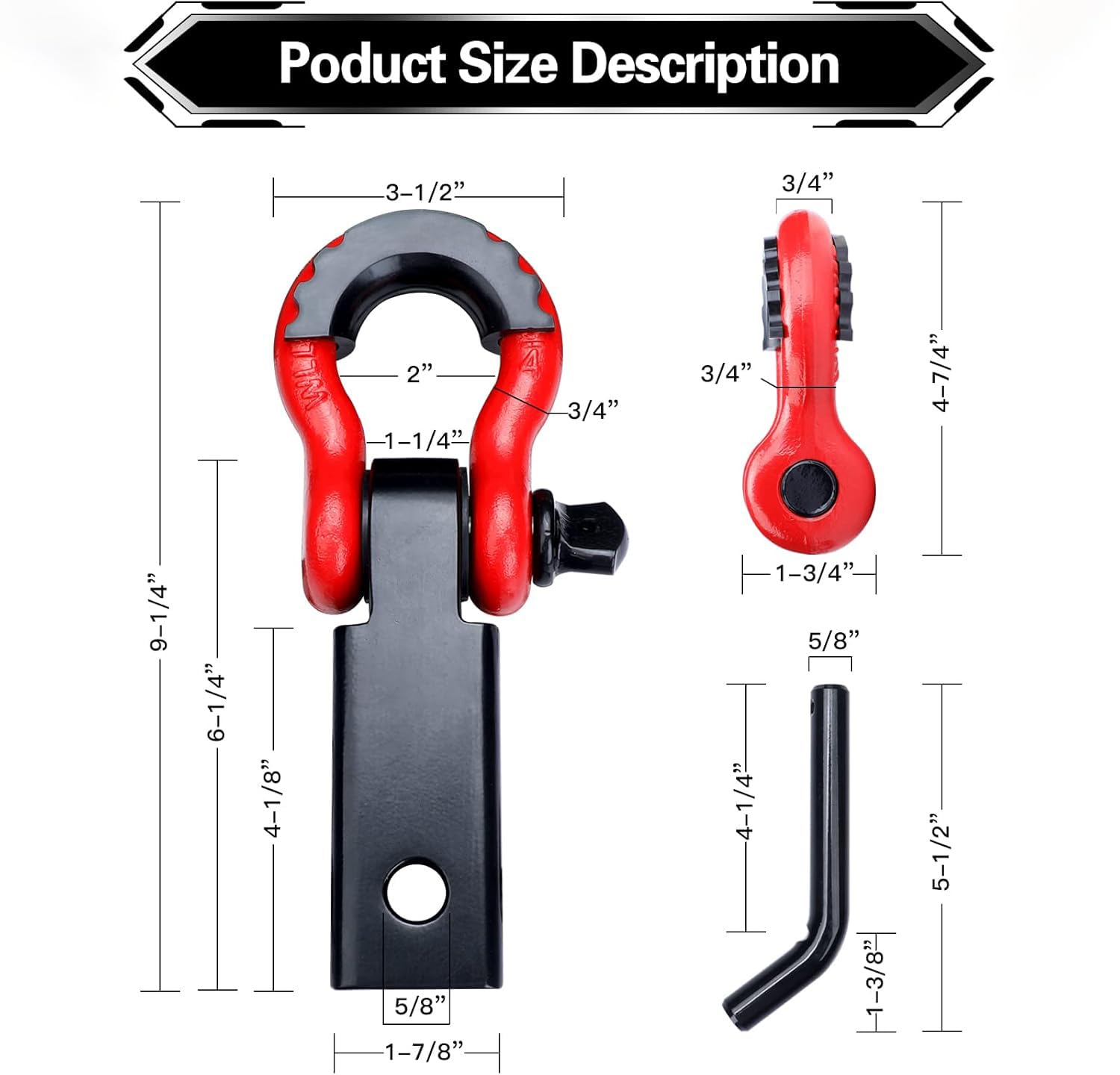Receptor de Enganche de Grillete de Coche 2 Pulgadas, 3/4" D-Anillo y Pasador, Coche Universal Gancho de Remolque, para Camiones Jeeps Fuera de la Carretera de Recuperación