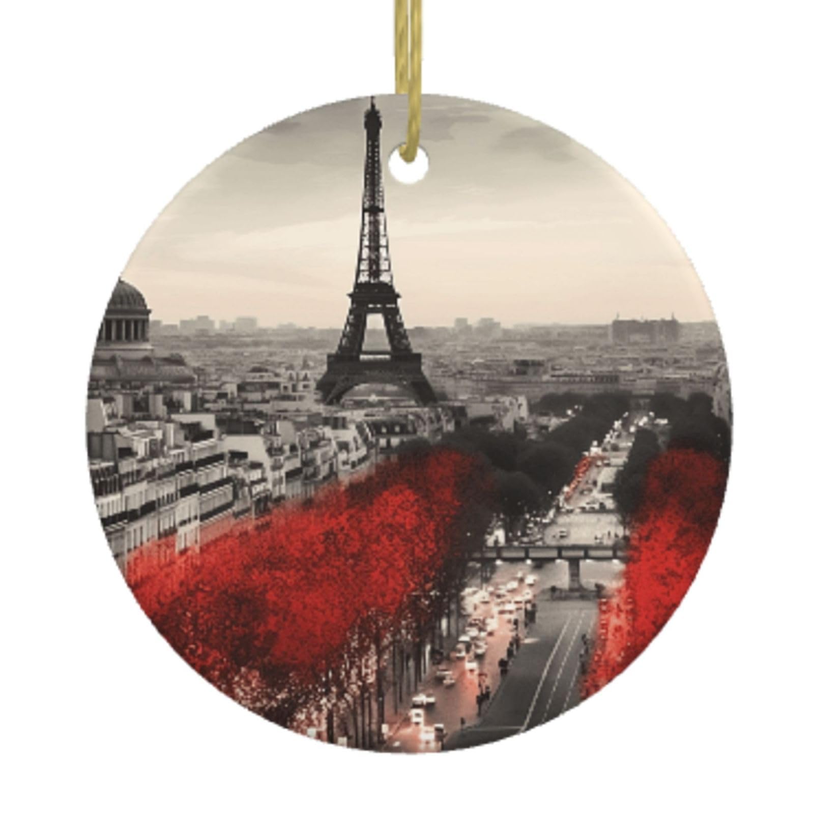 Ceramic Christmas Tree Hanging Ornaments with Gold Ropes Christmas Tree Decorations Round Ceramic Paris Pendant Keepsake Decorations for Holiday Xmas Gift Ideas