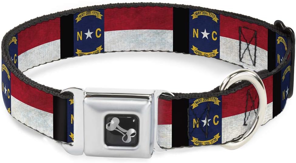 Dog Collar Seatbelt Buckle North Carolina Flag Distressed Black 15 to 26 Inches 1.0 Inch Wide