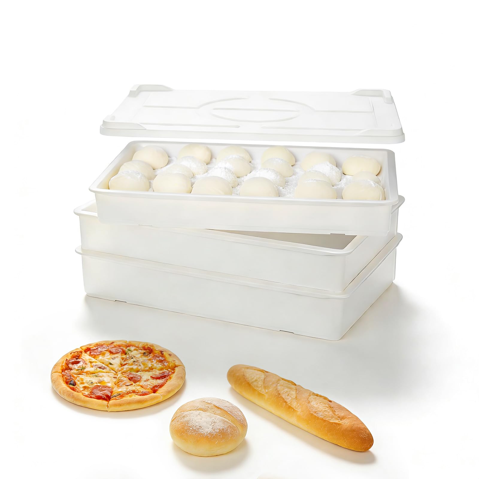 HAKKA FOOD PROCESSING 3 Pack Pizza Dough Proofing Box，22.8L Commercial Dough Fermentation Tray With Lid 60x40x9.5cm Stackable Bread Plastic Storage Box (3 Box and 1 Lid)