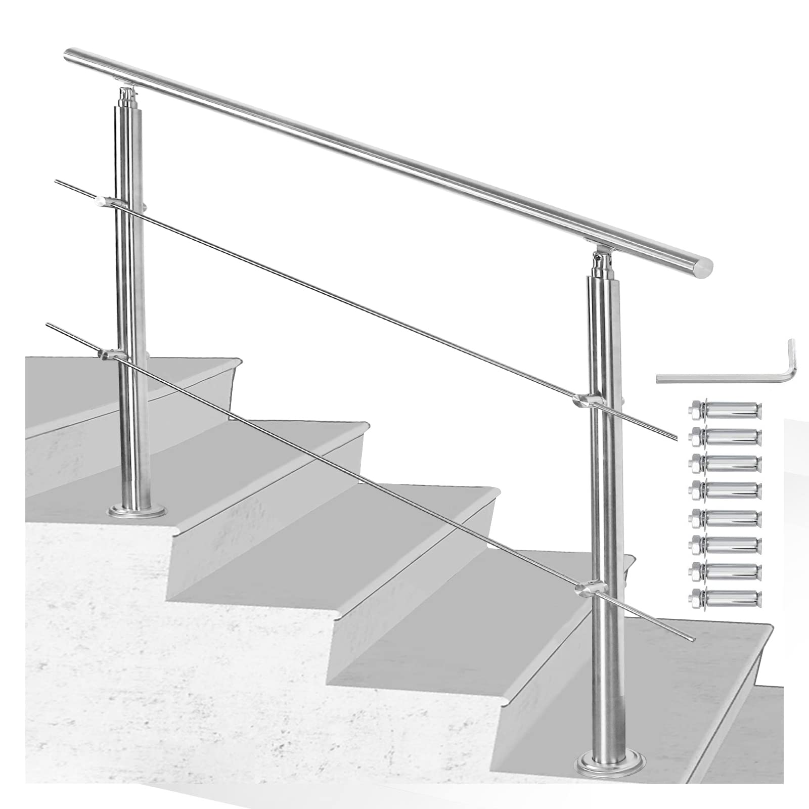 Barandilla para escaleras de acero inoxidable para exterior e interior, 120 cm con 2 barras transversales y accesorios, ángulo ajustable para jardín, entrada de casa, parapeto, balcón