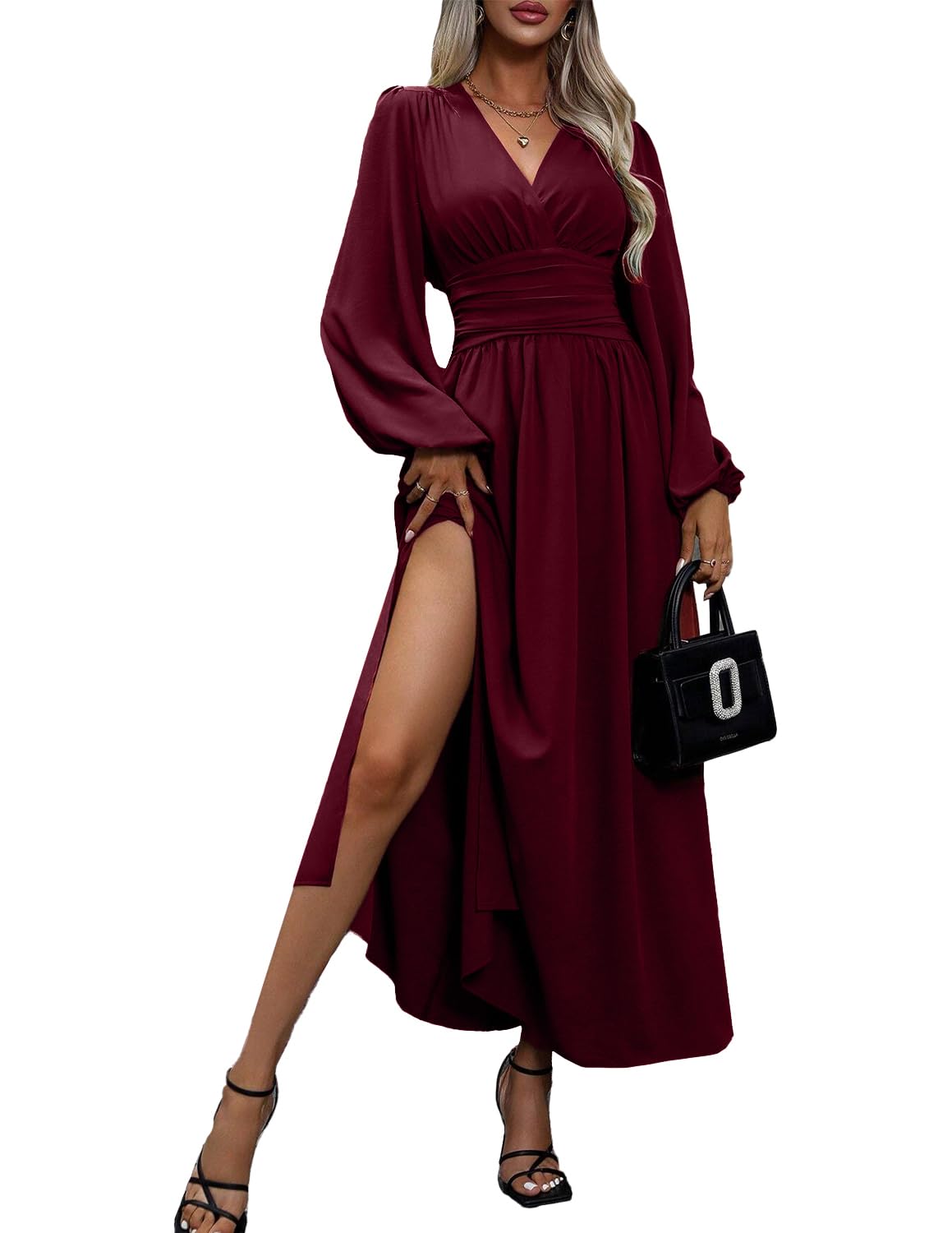 Sukienki damskie 3.0 V Neck Elegancki Długi rękaw Maxi Elastic Casual Sukienka Jesień i Zima