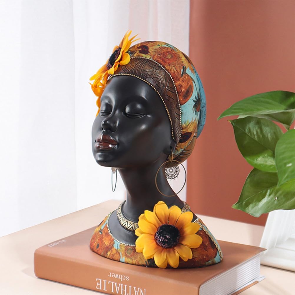 African Bust Figurine, 8.5 Inch Sunflower Decor Resin Sculpture for Home, Hand-Painted Black Statue with 3D Flowers for Desk Decor, Bohemian Office & Living Room Decor, Unique Gift Idea