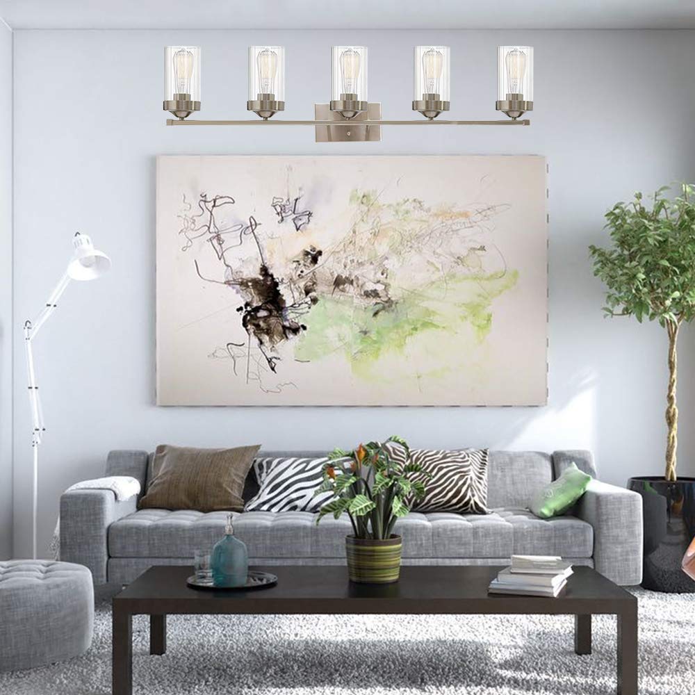 ELUZE 5 Light Farmhouse Bath Vanity Light, Modern Brushed Nickel Bathroom Lighting Finish ,Bathroom Wall Sconce Lighting with Clear Ribbed Glass Fixture for Hallway Makeup Dressing Table Bedroom