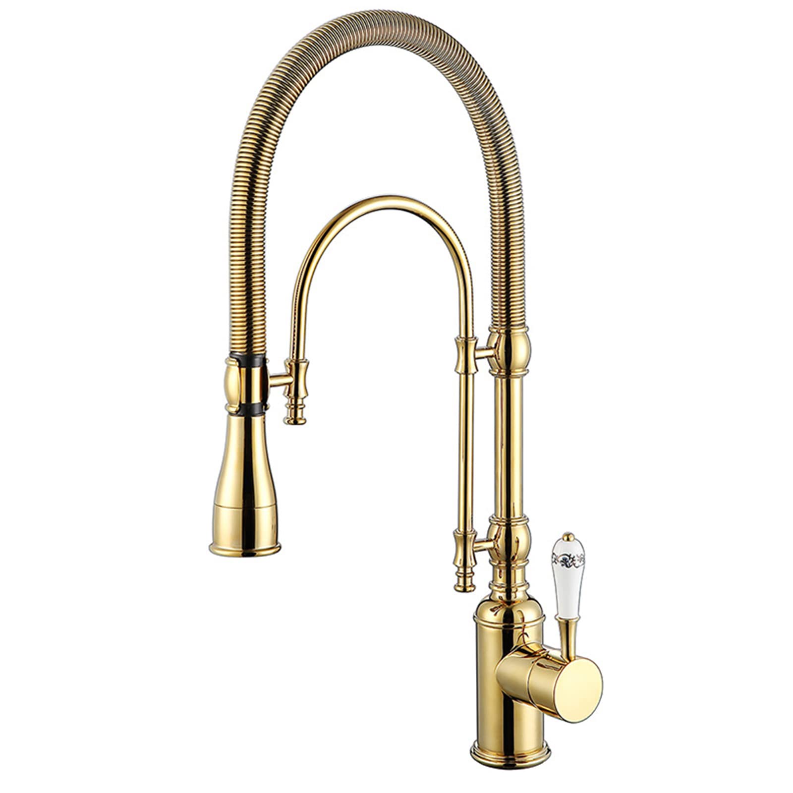 ZQFHSX Polished Gold Kitchen Faucet High Arc Single Handle Pull-Down Sprayer Dual-Mode Solid Brass Mixer Tap with Porcelain for Sink Stylish & Design