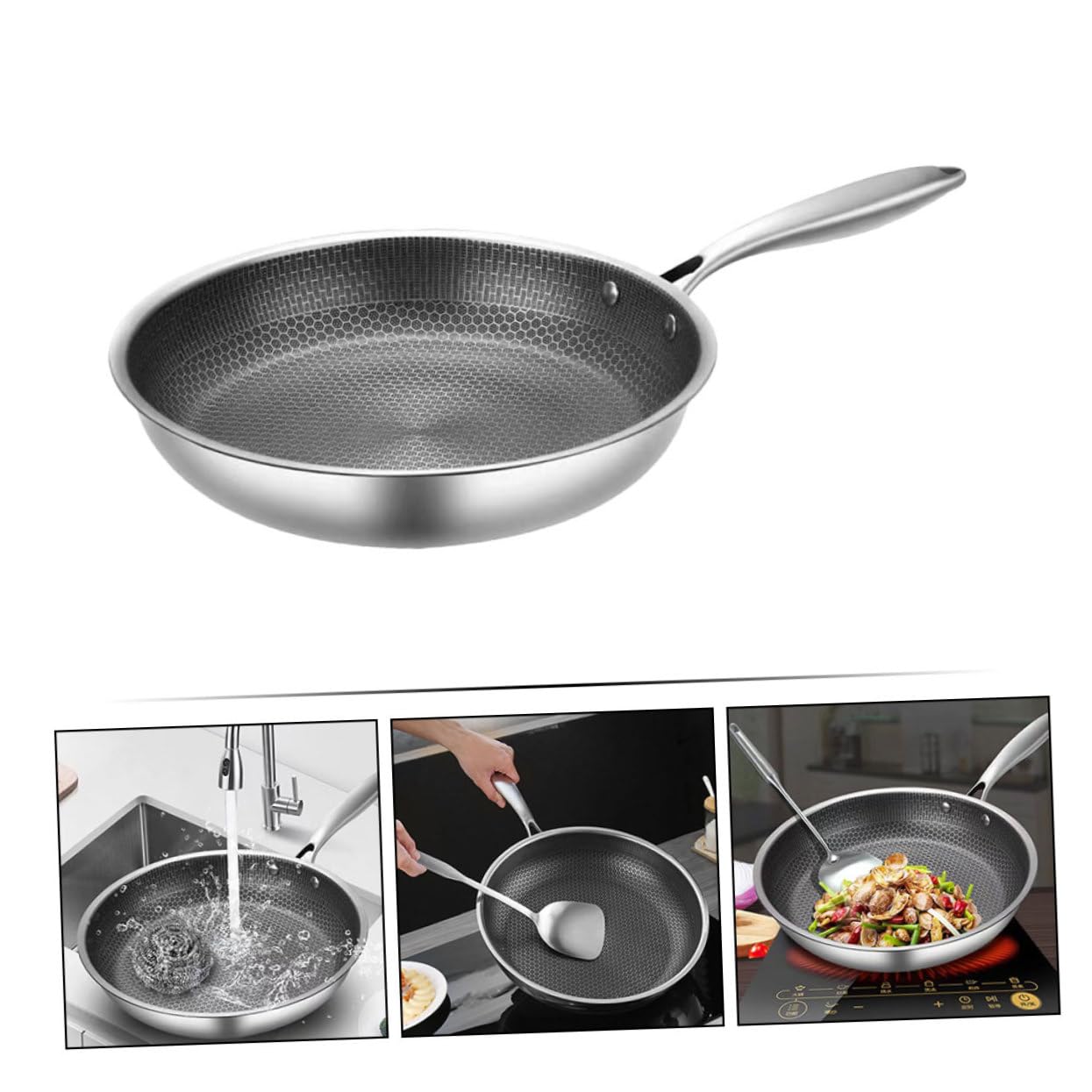 Wabenförmige Bratpfanne Silber mit Langem Griff, aus Edelstahl