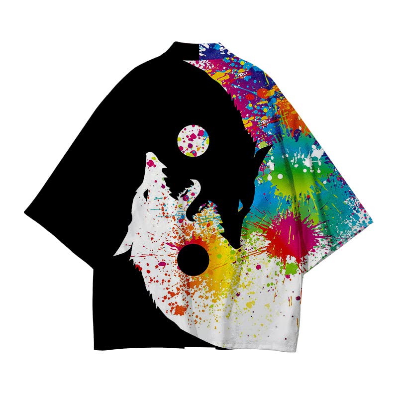 Fashion Japanese Robe Cardigan for Men Women Harajuku Kimonos Yinyang Wolf Splash Ink Yukata Seven Sleeve Shirt (White,3XL,Mens,US,Alpha,Adult,Unisex,3X-Large,Regular,Regular)2