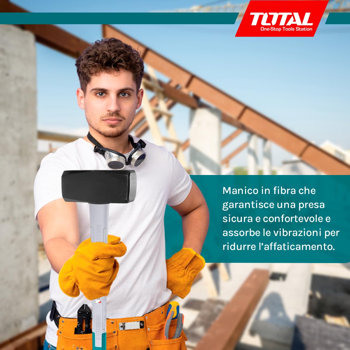 TOTAL - Mazza in Acciaio - 4 kg e 900 mm di lunghezza - Ideale per la costruzione - Alta resistenza agli impatti - Testa quadrata in acciaio al carbonio forgiato - Manico in fibra