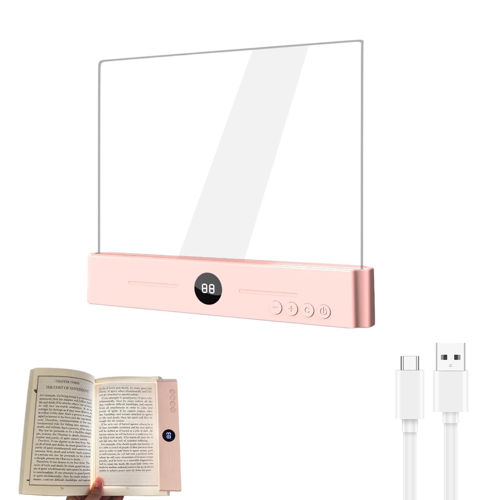 Smart Flat Book Light - Rechargeable LED Clear Book Page Light, Dimmable Book Light with 3 Colors & Timer, Portable Reading Light for Bed, Student Book Lamp, Gifts for Readers, 18.5 X 15.5 cm, Pink