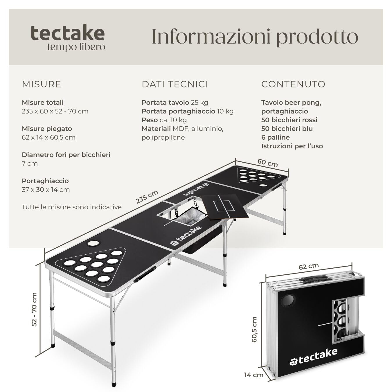 tectake® Tavolo da Beer Pong, Pieghevole con Maniglia, Kit Completo Bicchieri Multicolor e Palline, Beer Pong Set, Struttura in Alluminio, Regali Divertenti, Giochi per Festa - 235 x 60 x 70 cm