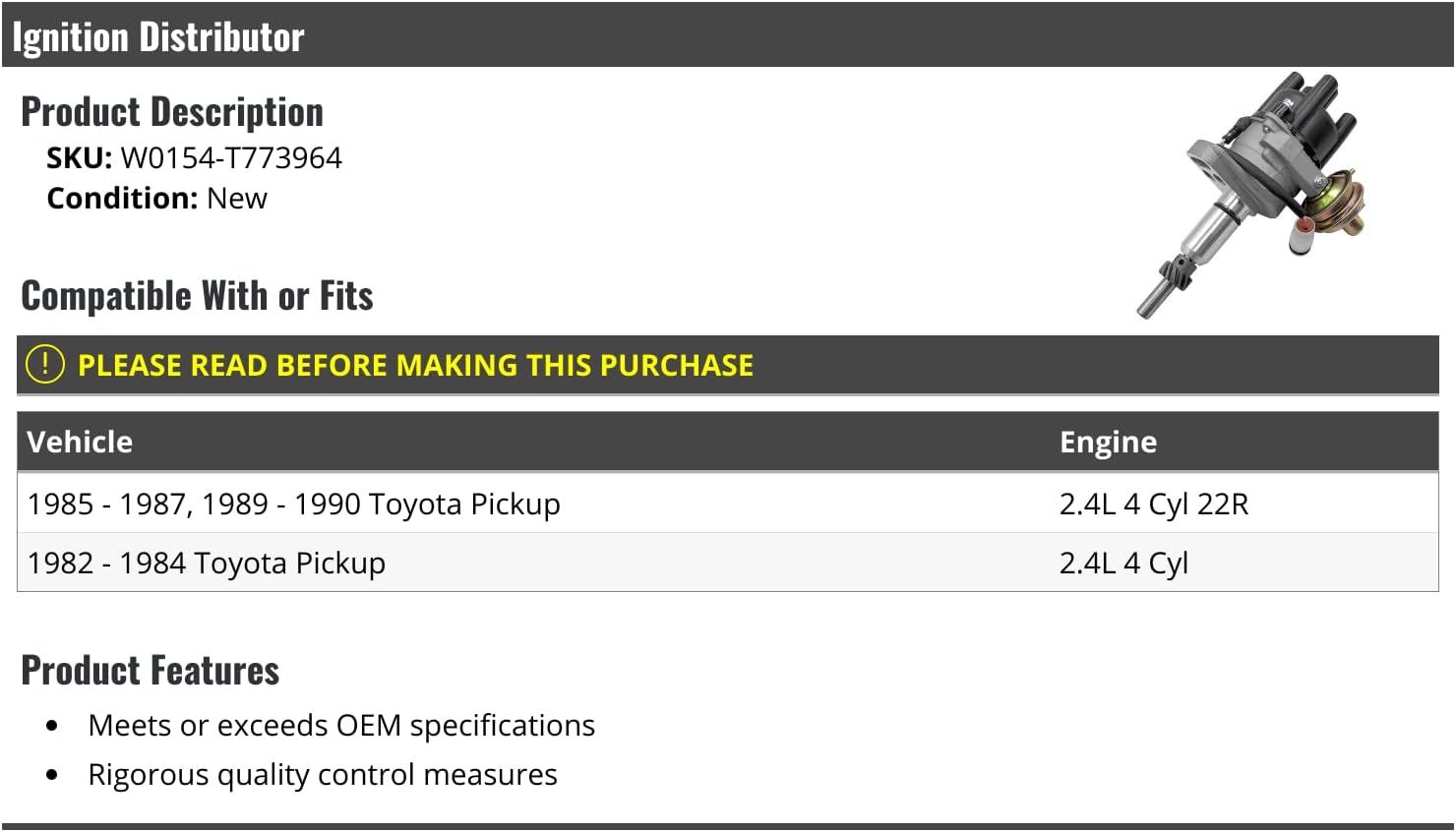 Marketplace Auto Parts Ignition Distributor with Cap and Rotor - Compatible with 1982-1987, 1989-1990 Toyota Pickup 2.4L 4-Cylinder
