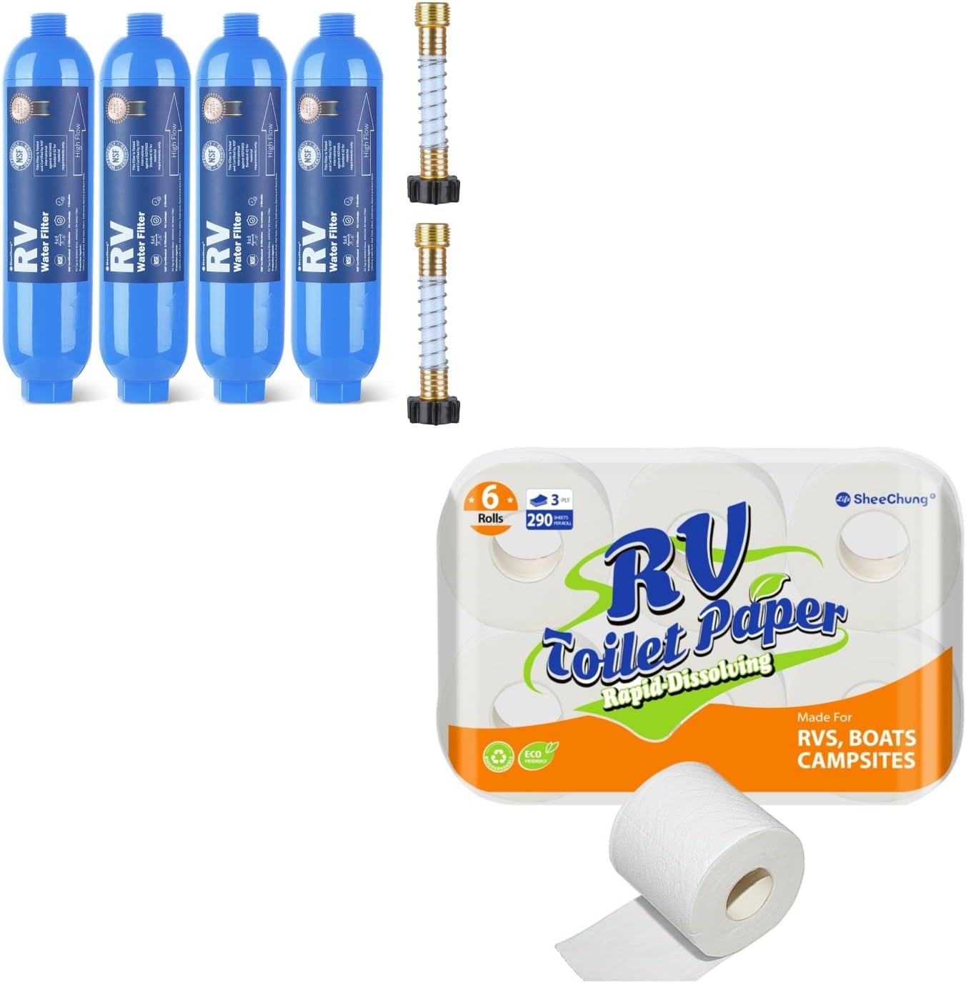 SheeChung RV Water Filter 4 Pack with Flexible Hose Protector, NSF Certified and RV Toilet Paper - 6 Rolls, Rapid Dissolve, Septic Safe, Travel Toilet Tissue for RVs