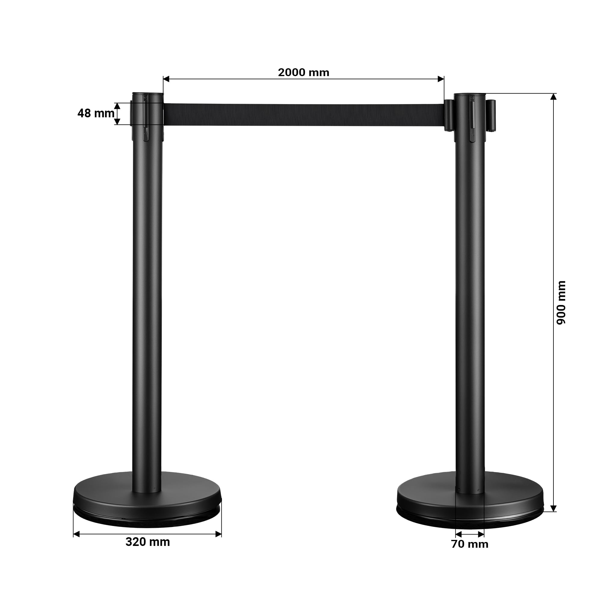 Wiltec mobile Absperrpfosten 32 x 7 x 90 cm in Schwarz mit 200 cm Zugband, Absperrständer aus rostfreiem Stahl, Personenleitsystem für Veranstaltungen