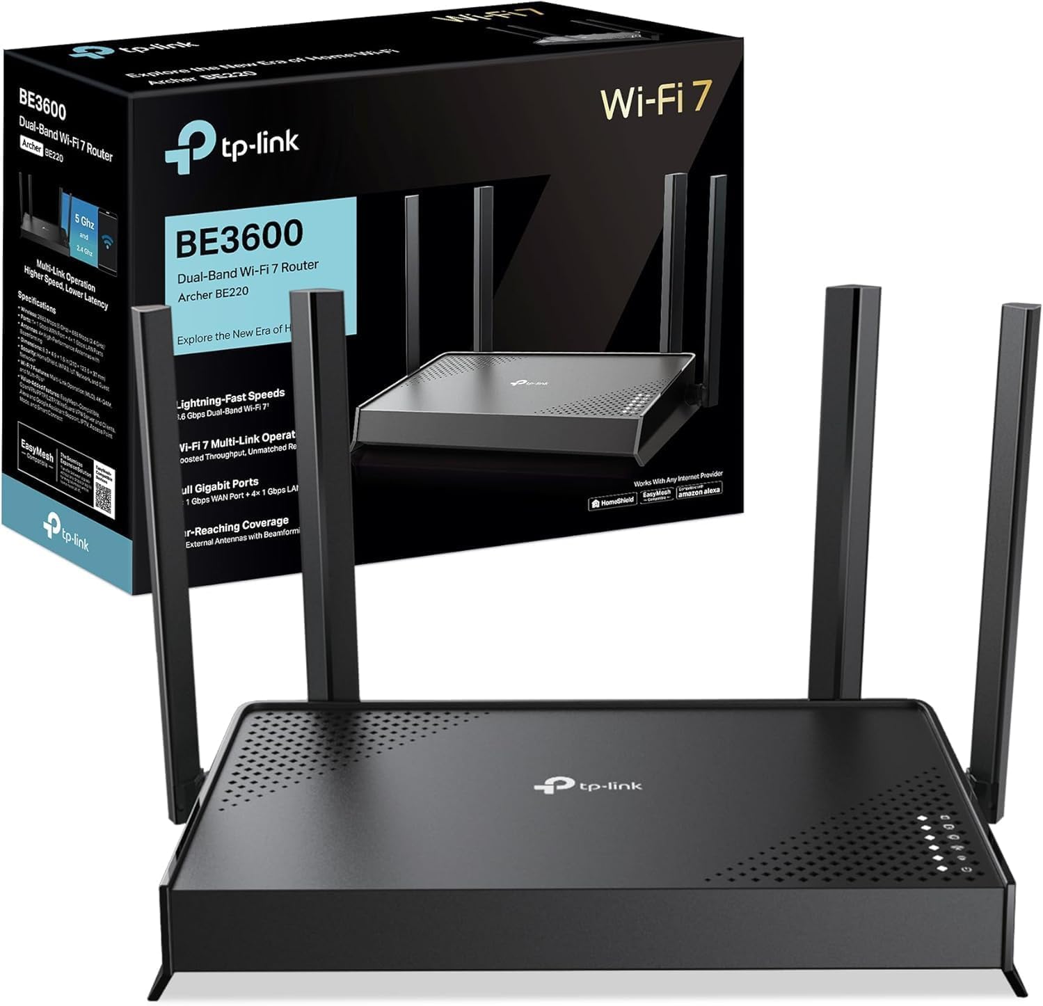 TP-Link Archer BE220 WiFi Router 7, BE 3600Mbps Dual-Band WiFi Router, 2 Ports 2.5G, 4 High Performance Antennas, EasyMesh, WPA3, Parental Control, Built-in Anti-Virus