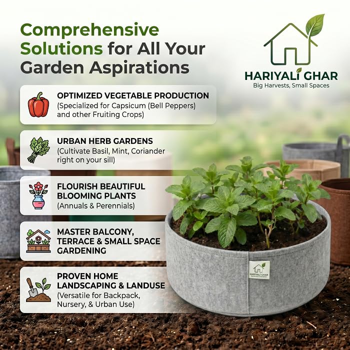 Image of 400 GSM Geo Fabric Round Grow Bags 18x6 Inch, Grey Planting Bags for Terrace and Kitchen Gardening Pack of 1