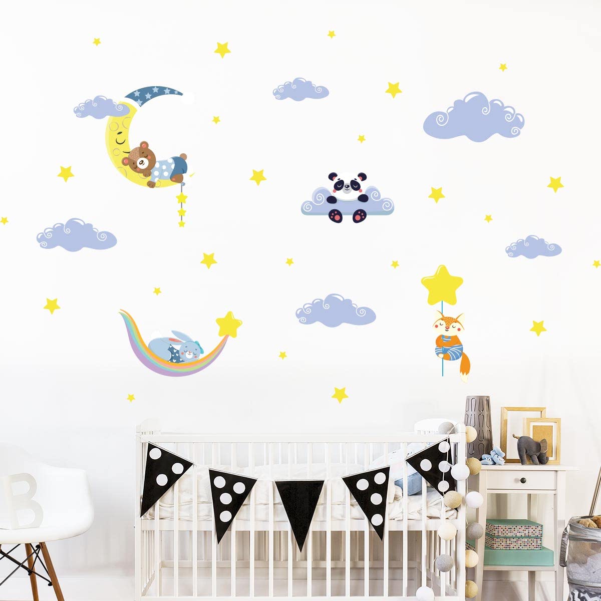 Adesivi murali per bambini, decorazione per la cameretta dei bambini, adesivi da parete scandinavo, adesivi da parete con animali nel cielo e le nuvole, 120 x 180 cm