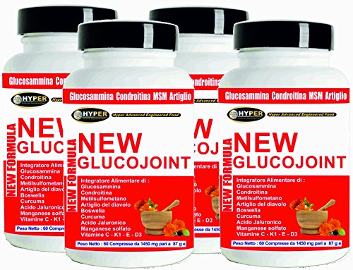 Glucosamina Coindroitina MSM Suplementos de ácido hialurónico Articulaciones Garra del diablo Cúrcuma Boswellia Manganeso Vitaminas C K1 y D3 (Glucojoint 4 Box de 60 tabletas)