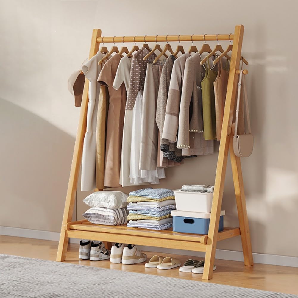 DODOBD Foldable Wooden Clothes Rail - Hanging Rail for Clothes with Bottom Shelves for Storage,Sturdy Garment Rack,Coat Stand for Corridor Living Room Bedroom Hallway, L : 60/80/100/120cm