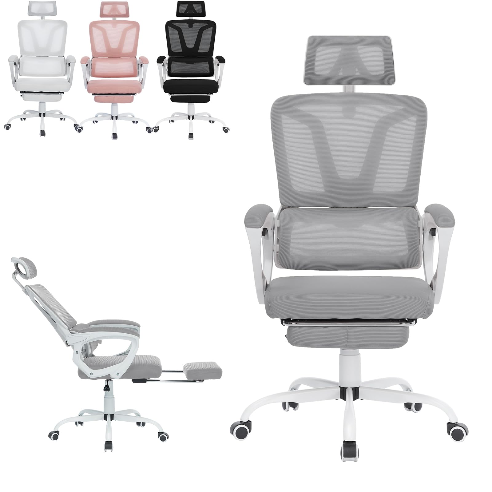 ACXIN Silla de oficina ergonómica reclinable y reposapiés – Silla de escritorio de malla ajustable con reposacabezas ajustable y soporte lumbar, inclinación hasta 135° (gris oscuro)