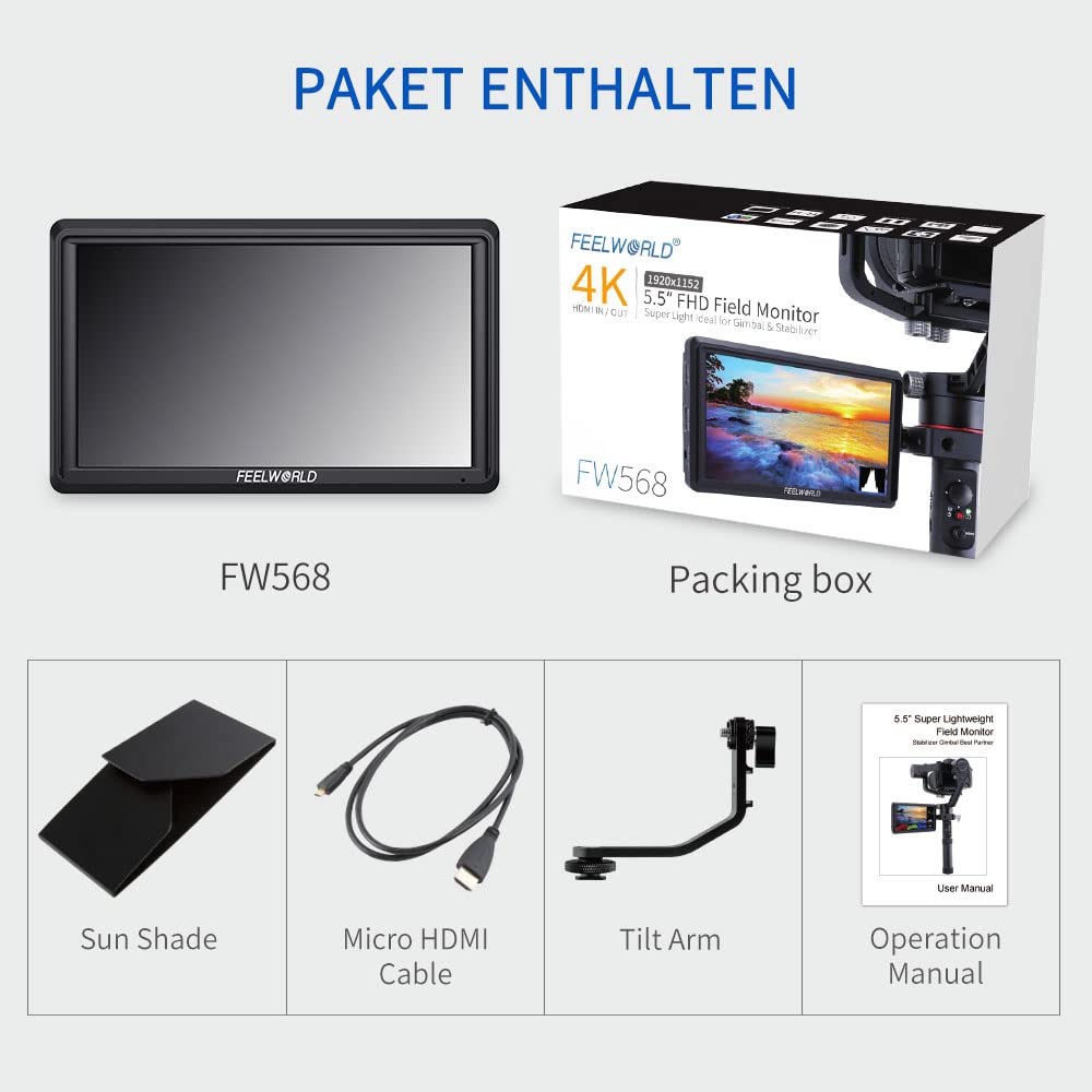 FEELWORLD FW568V2 DSLR Field Monitor 5,5 pollici 3D LUT Waveform Vector Scope 1920x1152 4K Schermo HDMI con parasole per stabilizzatore