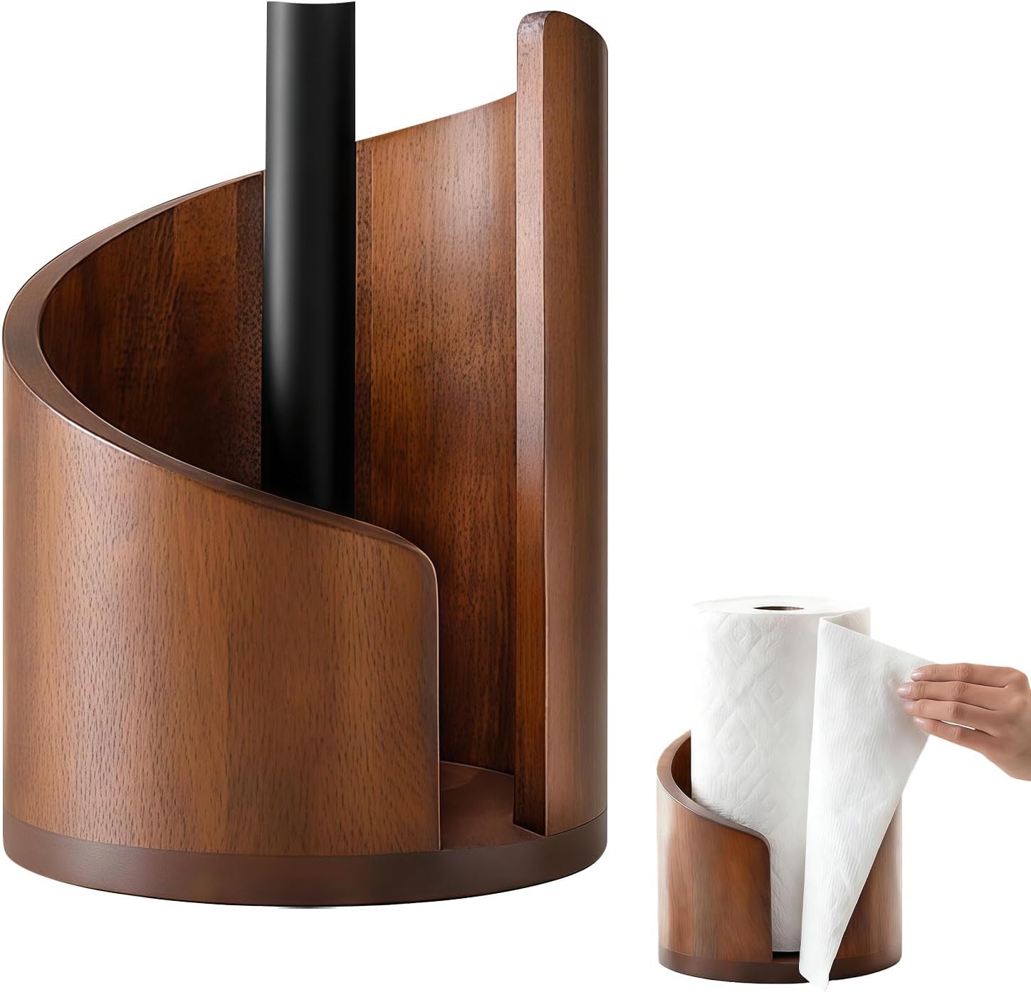 Wooden Kitchen Roll Holder, Mountain Paper Towel Holder With Iron Base
