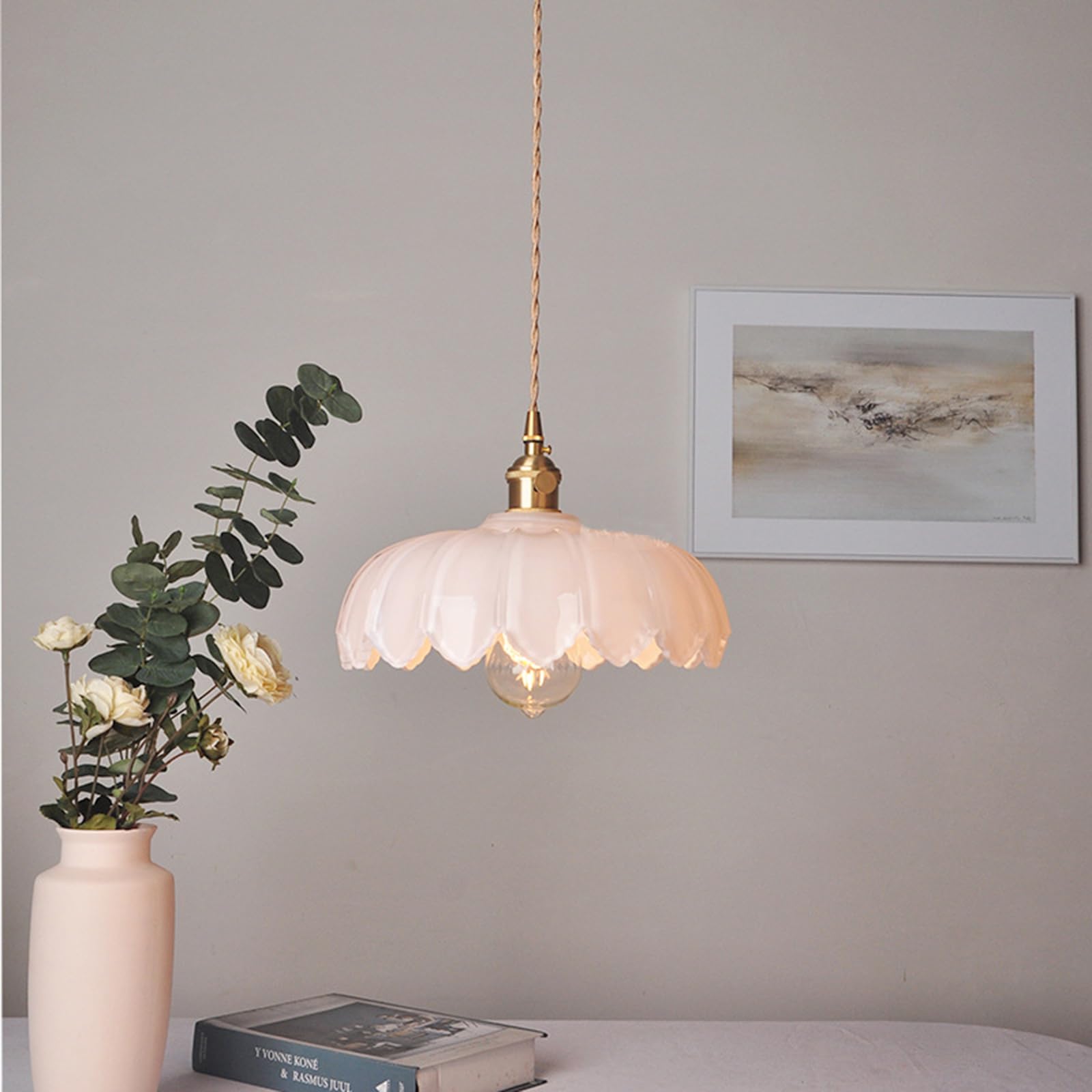 Lámpara colgante de cristal de loto, iluminación Industrial Vintage de 25cm, lámpara colgante de luz, lámpara colgante de techo con acabado de latón E27 (Blanco)