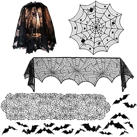 5er Pack Halloween Dekorationen Tischdecken Sets-44 PCS 3D Fledermaus Wandaufkleber & Runde Spitze Spinnennetze Tischdecke & Kaminsims Schal Abdeckung & Schwarze Tischläufer & Lampenschirm Cover