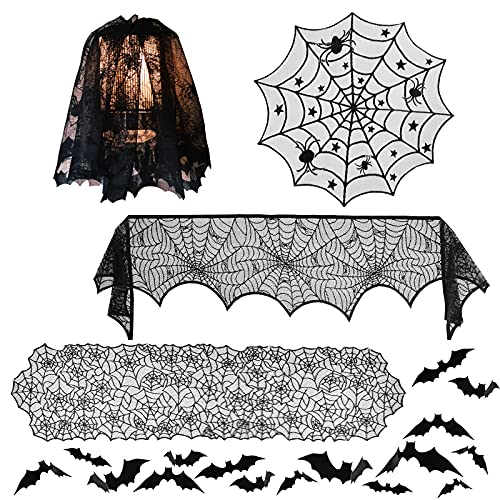 5er Pack Halloween Dekorationen Tischdecken Sets-44 PCS 3D Fledermaus Wandaufkleber & Runde Spitze Spinnennetze Tischdecke & Kaminsims Schal Abdeckung & Schwarze Tischläufer & Lampenschirm Cover