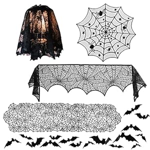 Set van 5 Halloween-decoraties tafelkleden, 44 stuks, 3D-vleermuismouw, wandstickers en ronde punt, spinnenweb…