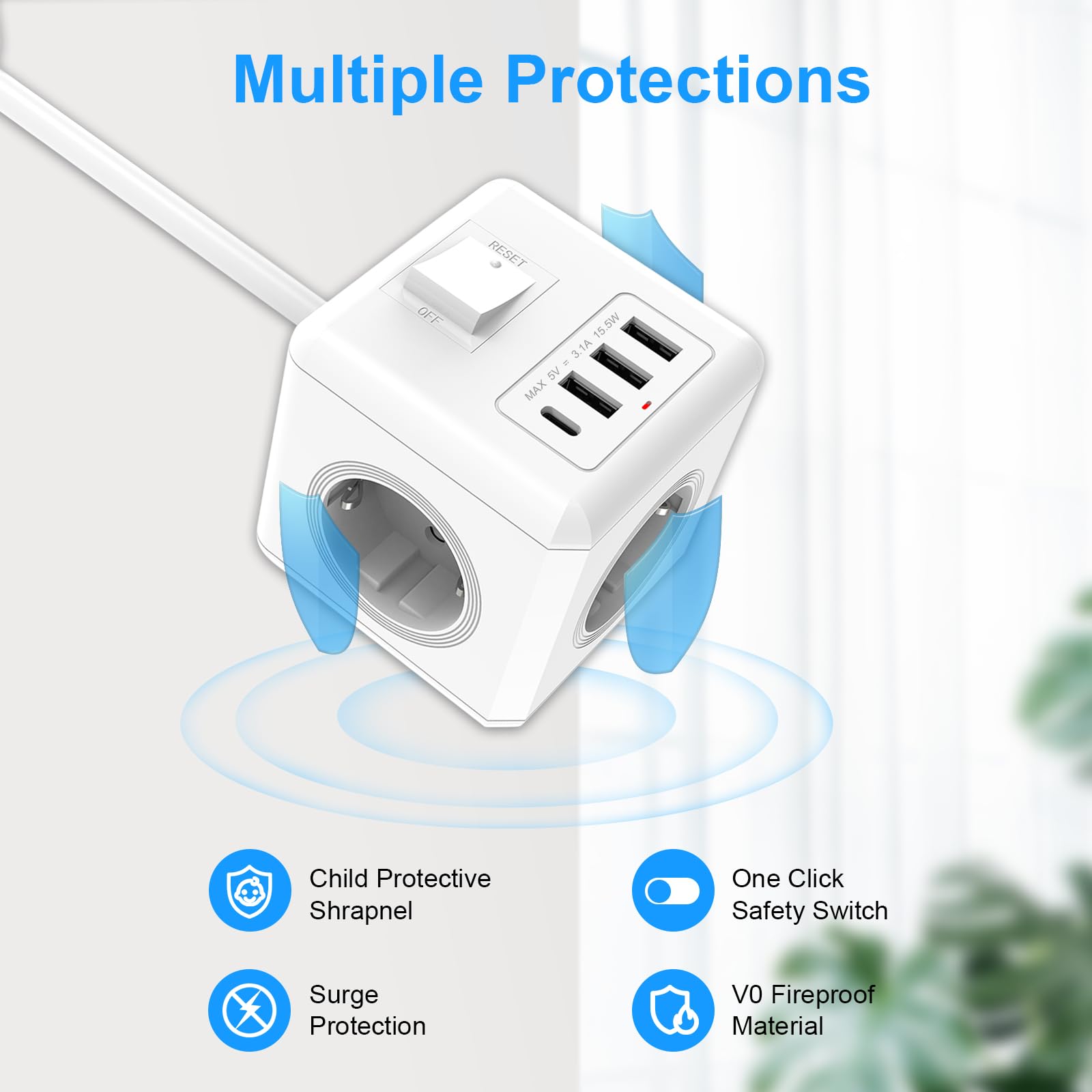 ANTELA Regleta Eléctrica Cubo 16A 3680W 3 Tomas Schuko + 4 Puertos USB (1 USB-C+3USB-A),Protección contra Sobrecarga,Largo de 1.5 Metros
