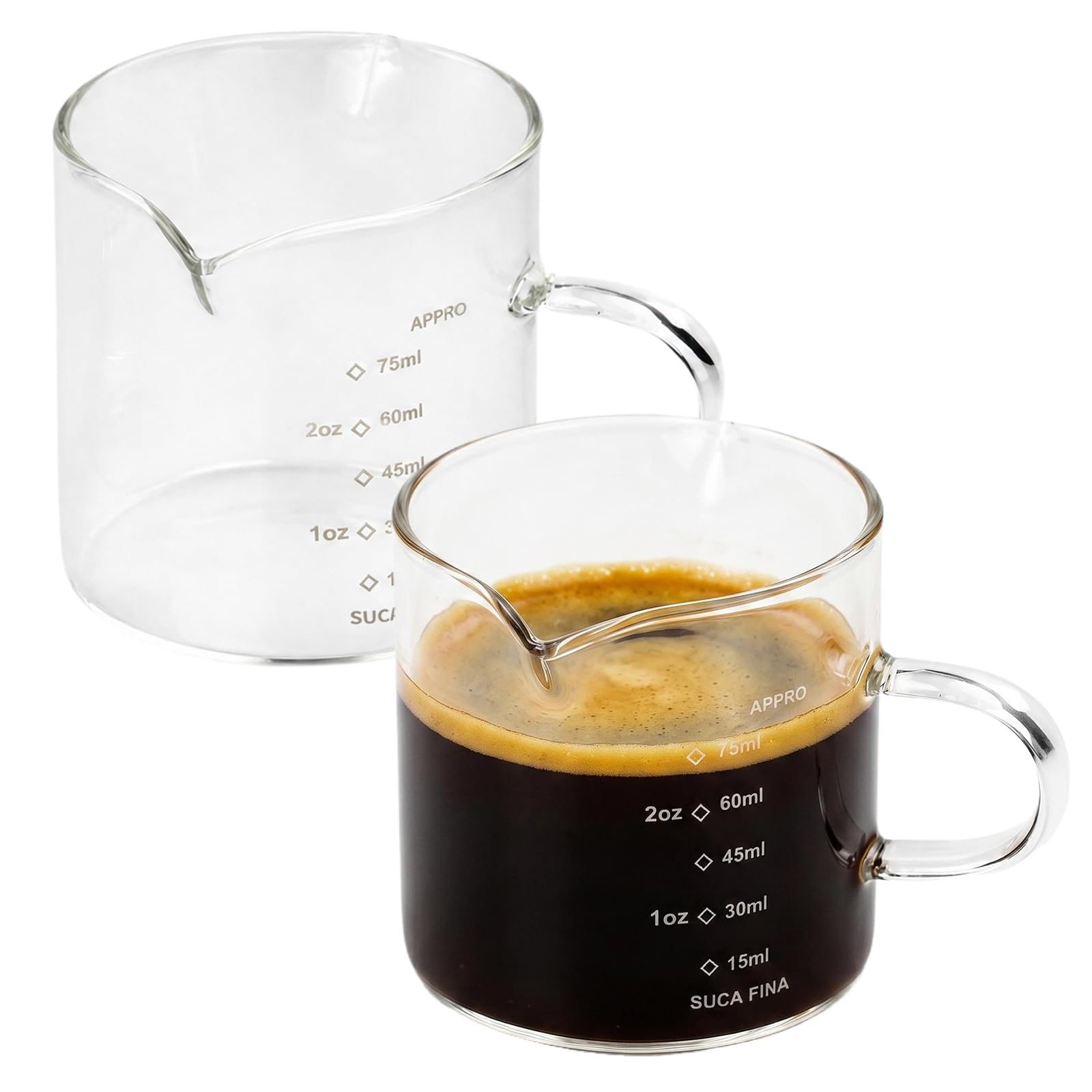 Merzio 2 PCS Espresso Cups Set, Double Spout Glass Measuring Cup with with 75ml Measurement Lines, Clear Borosilicate Espresso Shot Glass with Glass Handle, Coffee Accessories for Barista