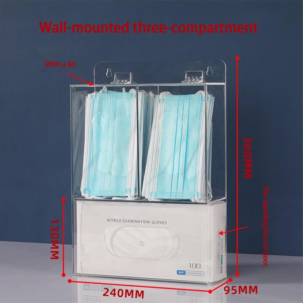 Dispenser per mascherine e guanti monouso in acrilico trasparente, progettato per il montaggio a parete, con coperchio. Offre un facile accesso agli