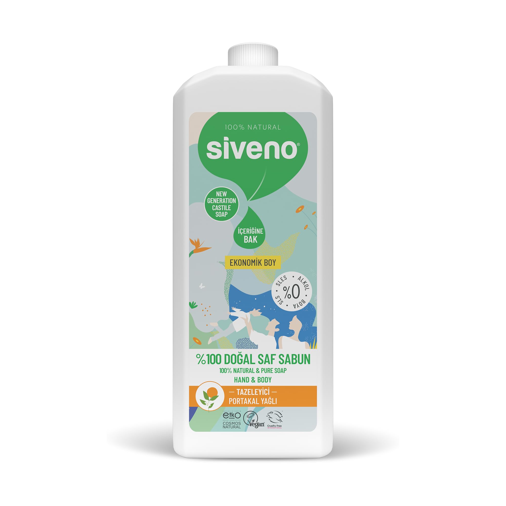 Siveno %100 Doğal Sıvı Kastil Sabun Portakal Yağlı Yoğun Nemlendirici Arındırıcı Bitkisel Vegan 1000 ml