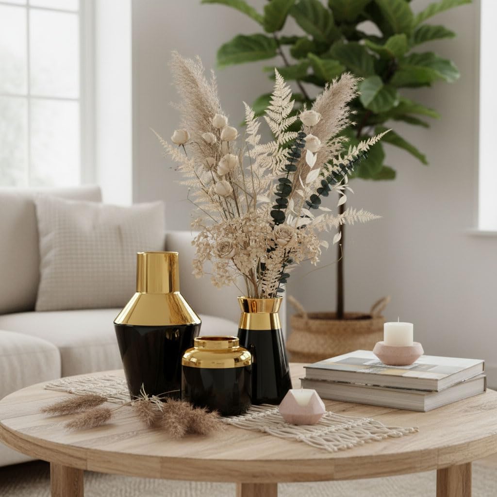 3-teiliges goldenes Vasen-Set für Moderne Wohnkultur – Keramik-Deko als Blickfang – Ästhetische Dekoration für Wohnzimmer, Kaminsims und Regal – wasserdichte (Schwarz)