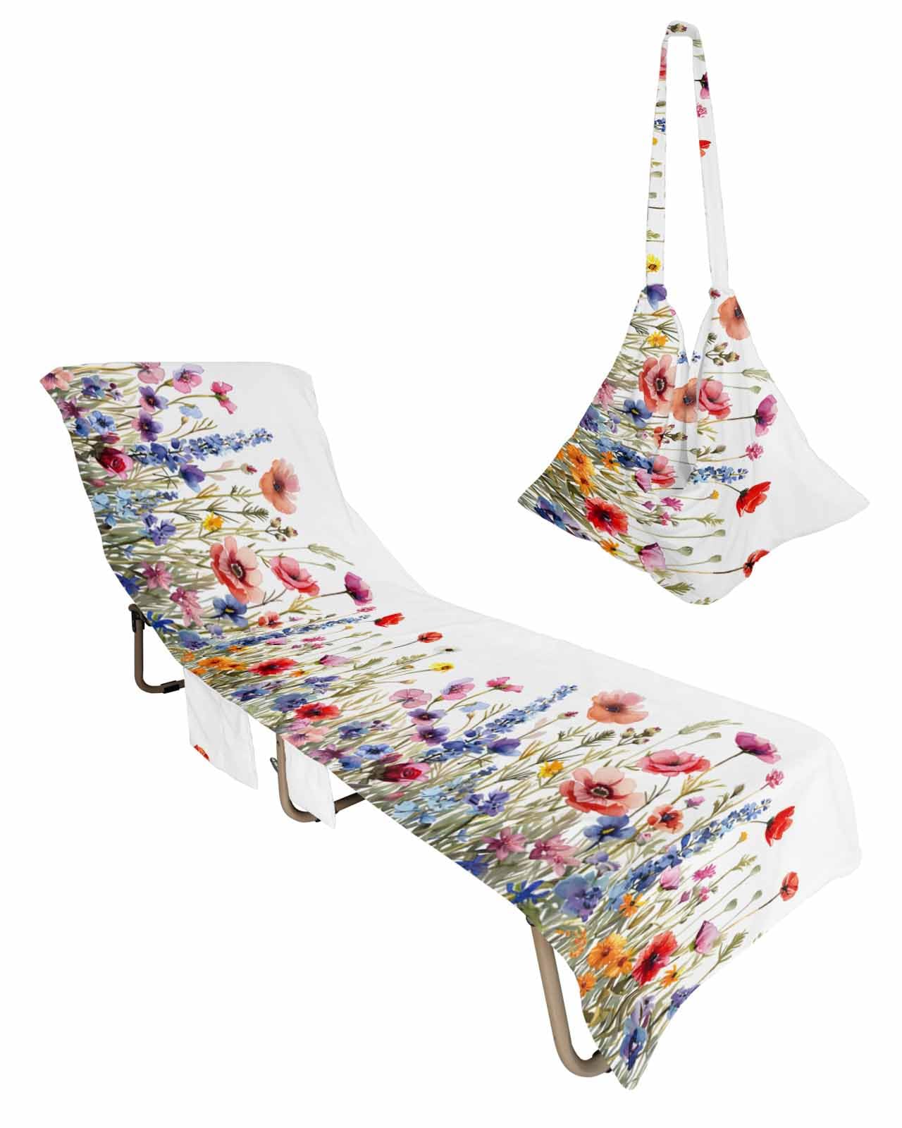 Daisy Beach Chair Cover with Side Pockets, Microfiber & Quick Dry Pool Chaise Lounge Chair Towels Covers for Sun Sunbathing Patio Garden Hotel, Watercolor Botanical Plant Leaves Herb Spring