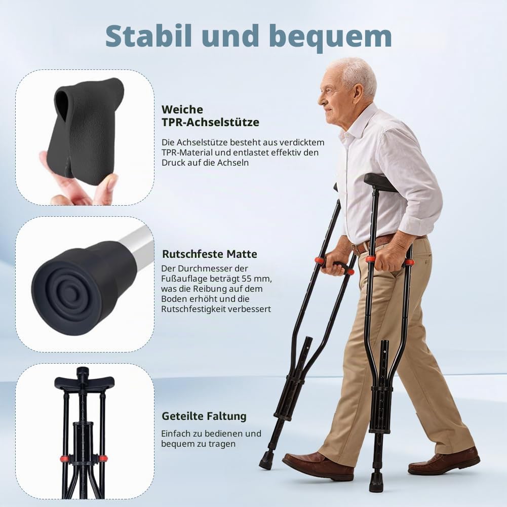 Krücken Unterarmgehstützen, Höhenverstellbar Klappbarer Achselkrücken, 150 KG Belastbar, Aluminium Gehhilfe mit Weichen Unterarm- und Handauflagen, 1 Paar