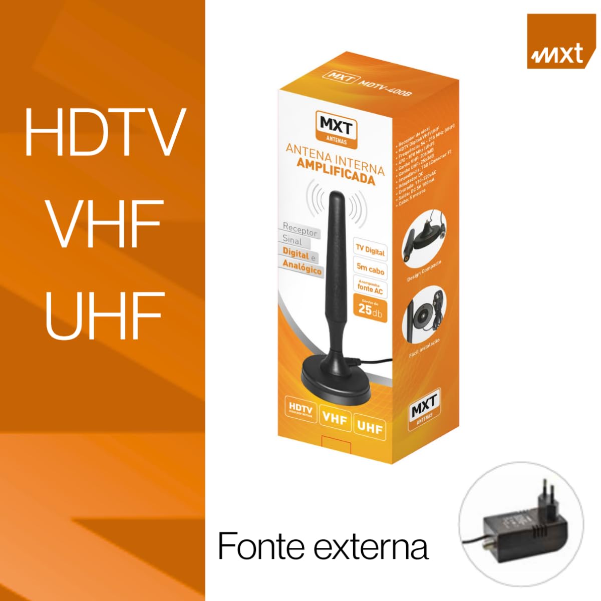 Antena Interna Amplificada MXT MDTV-400B HDTV VHF UHF 5 metros