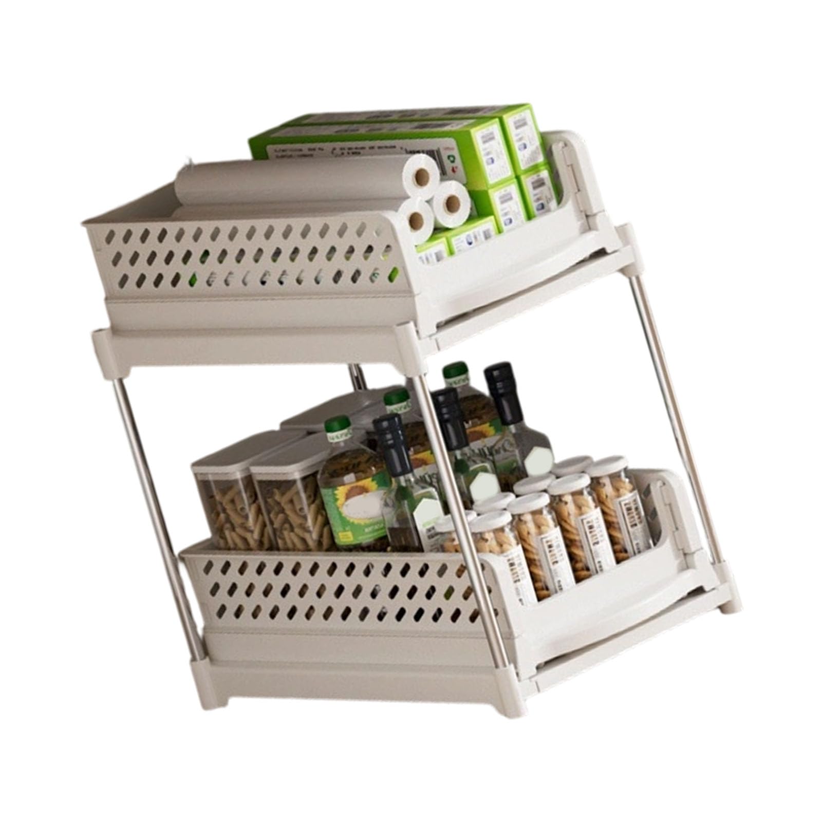 PQSIBBG 2 Levels Drawer Kitchen Organizer for Cabinet Narrow Space Shelf Rack with Grids Bottom for Sliding Drawer Organizer Stackable Shelf
