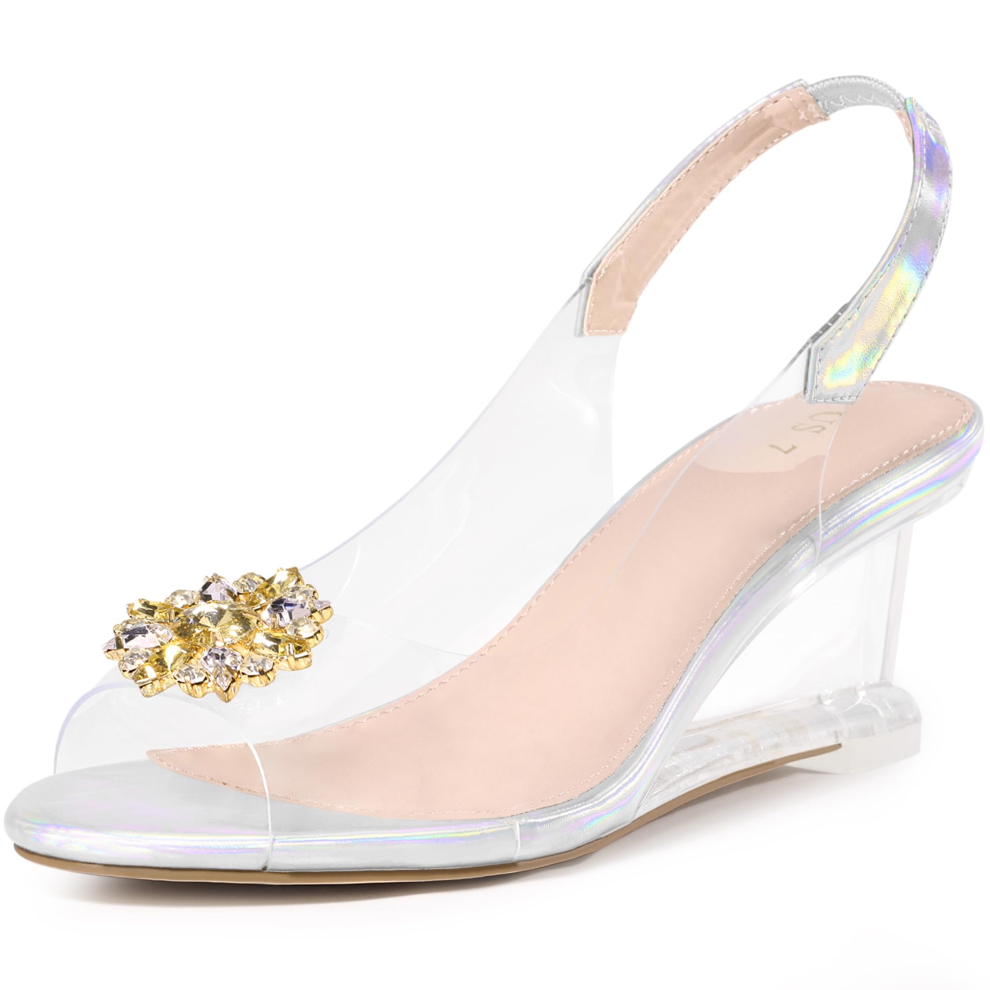 Perphy Rhinestone Clear Wedge Heel Slingback Sandal for Women