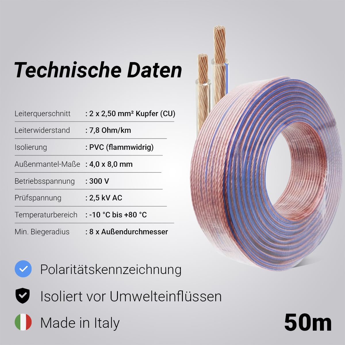 Venton Câble d'enceinte HQ en cuivre 2 x 2,5 mm² (50 m, 2 x 2,5 mm²)