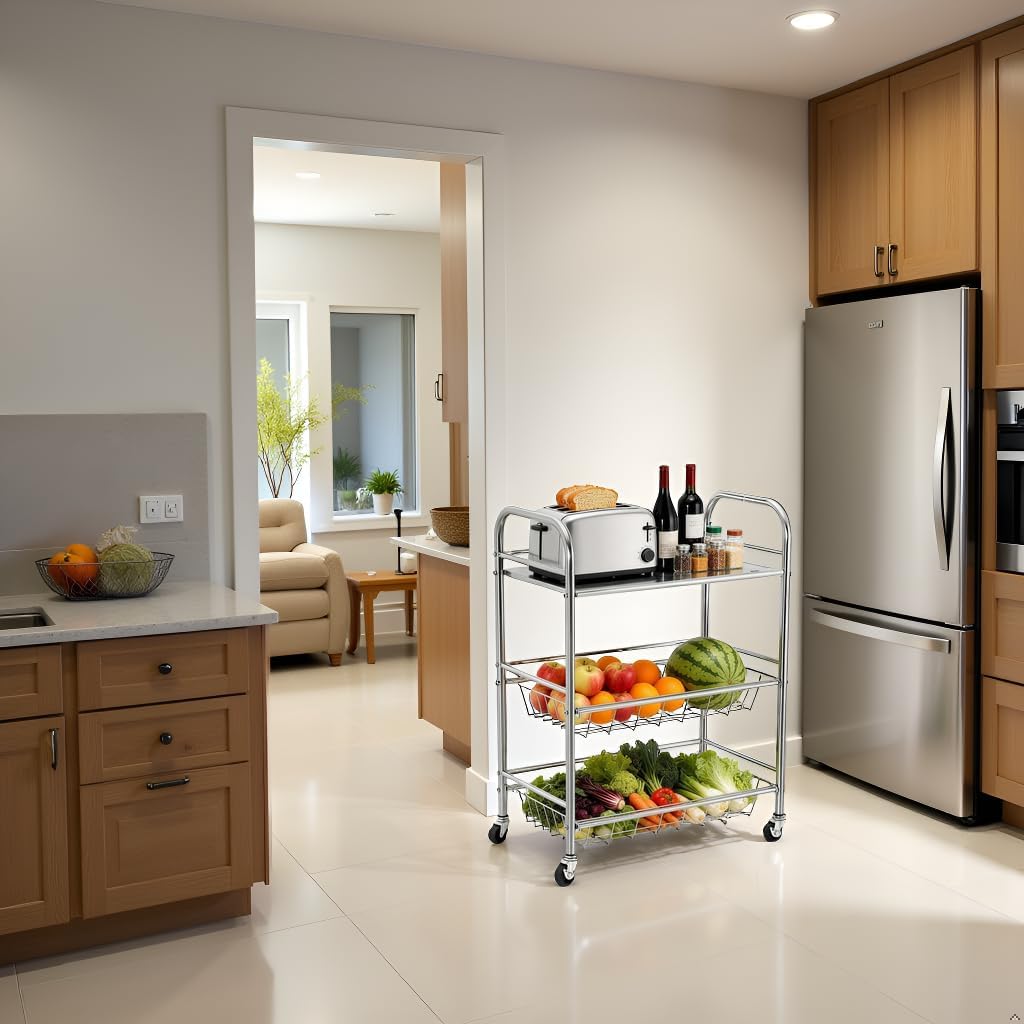 3 Tier Rolling Cart - Kitchen Utility Wire Cart with Wheels - Stainless Steel Metal Rolling Shelf Small Storage Rack, Snack & Pantry Heavy Duty - Vegetable Fruit Holder Basket Stand Organizer Trolley