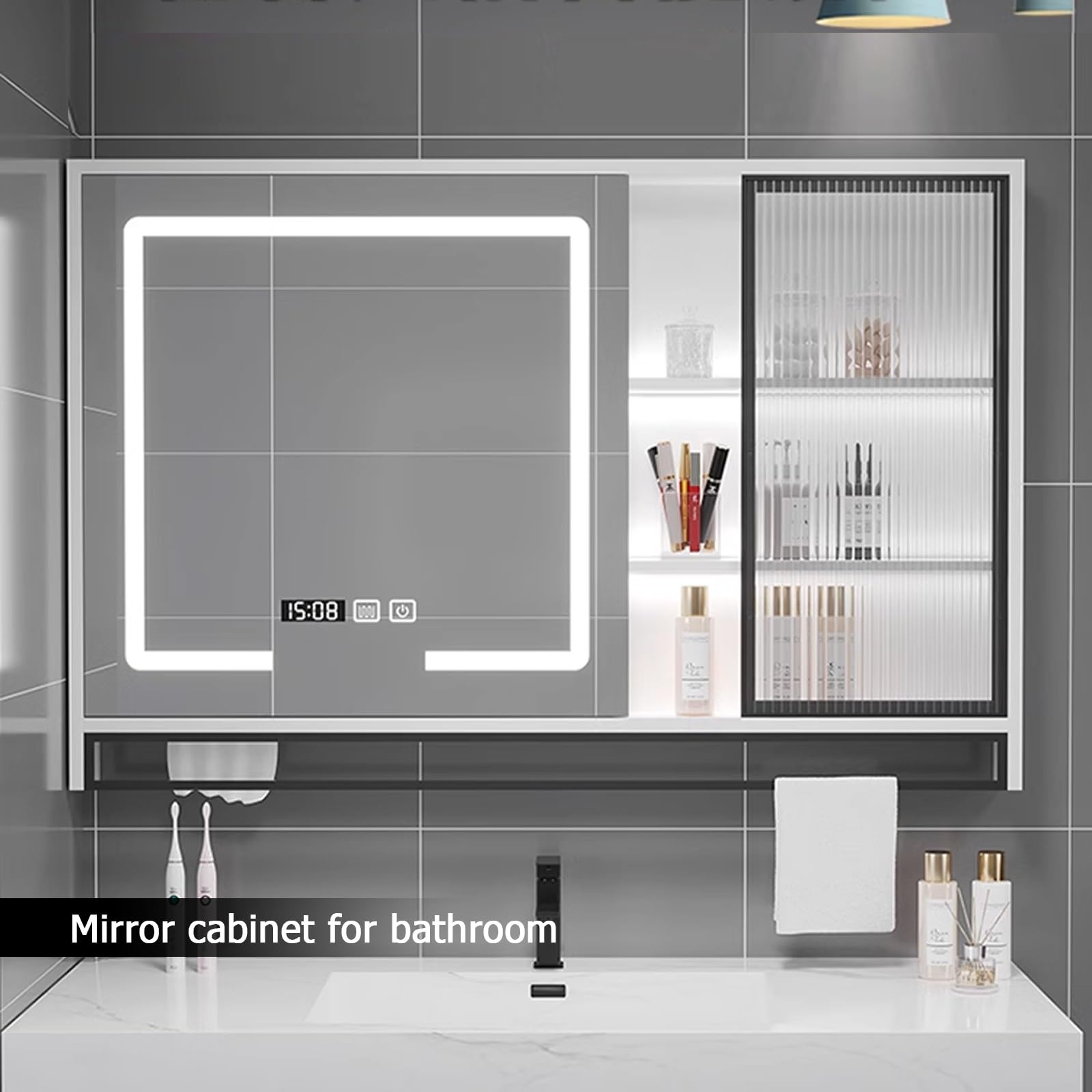 Moderno armario con espejo de baño LED con iluminación montado en la pared, espejo de baño blanco con soporte para toallas, 51 x 29.5 pulgadas, diseño elegante para baños elegantes