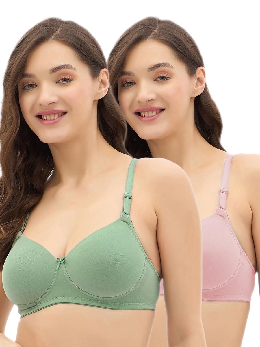 women vibes Lightly Padded Full Coverage Cotton Blend Wirefree T-Shirt Everyday Solid Bra for Girls and Ladies Combo Pack of 2 & 3 Pink, Blue, Green Trendy Color-picture-37