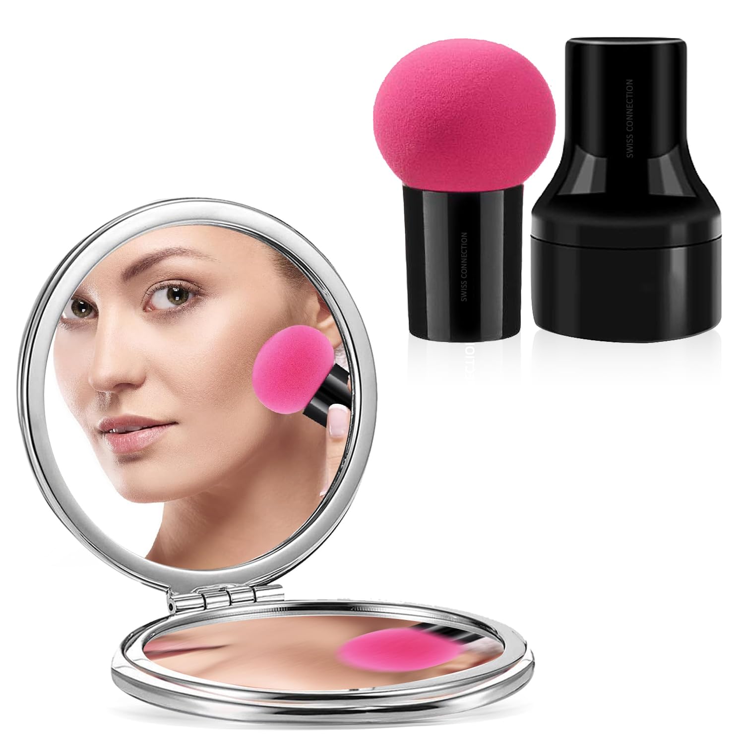 Swiss Connection Portable Mirror for Women and Girls | Mini Mirror | Travel Makeup Mirrors | 1X/2X Double-Sided Mirror & Facial Puff | Mushroom Sponge With Case | Beauty Blender For Makeup (Pack of 2) Swiss Connection Portable Mirror for Women and Girls | Mini Mirror | Travel Makeup Mirrors | 1X/2X Double-Sided Mirror & Facial Puff | Mushroom Sponge With Case | Beauty Blender For Makeup (Pack of 2)